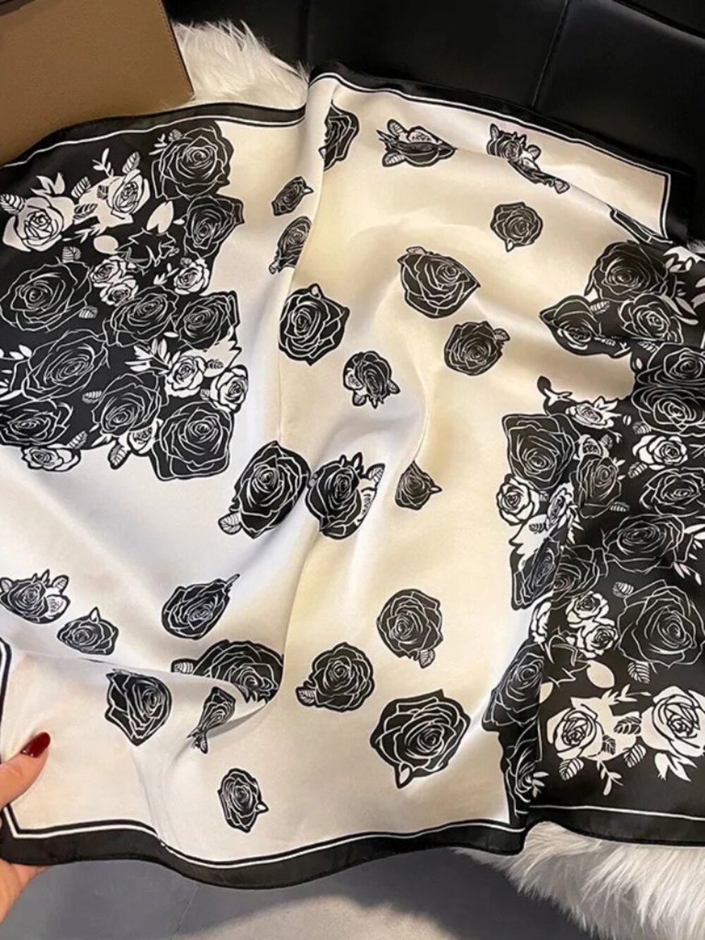 2/$30 NWT Black White Rose Floral Satin Square Scarf 70x70 Headscarf Hair